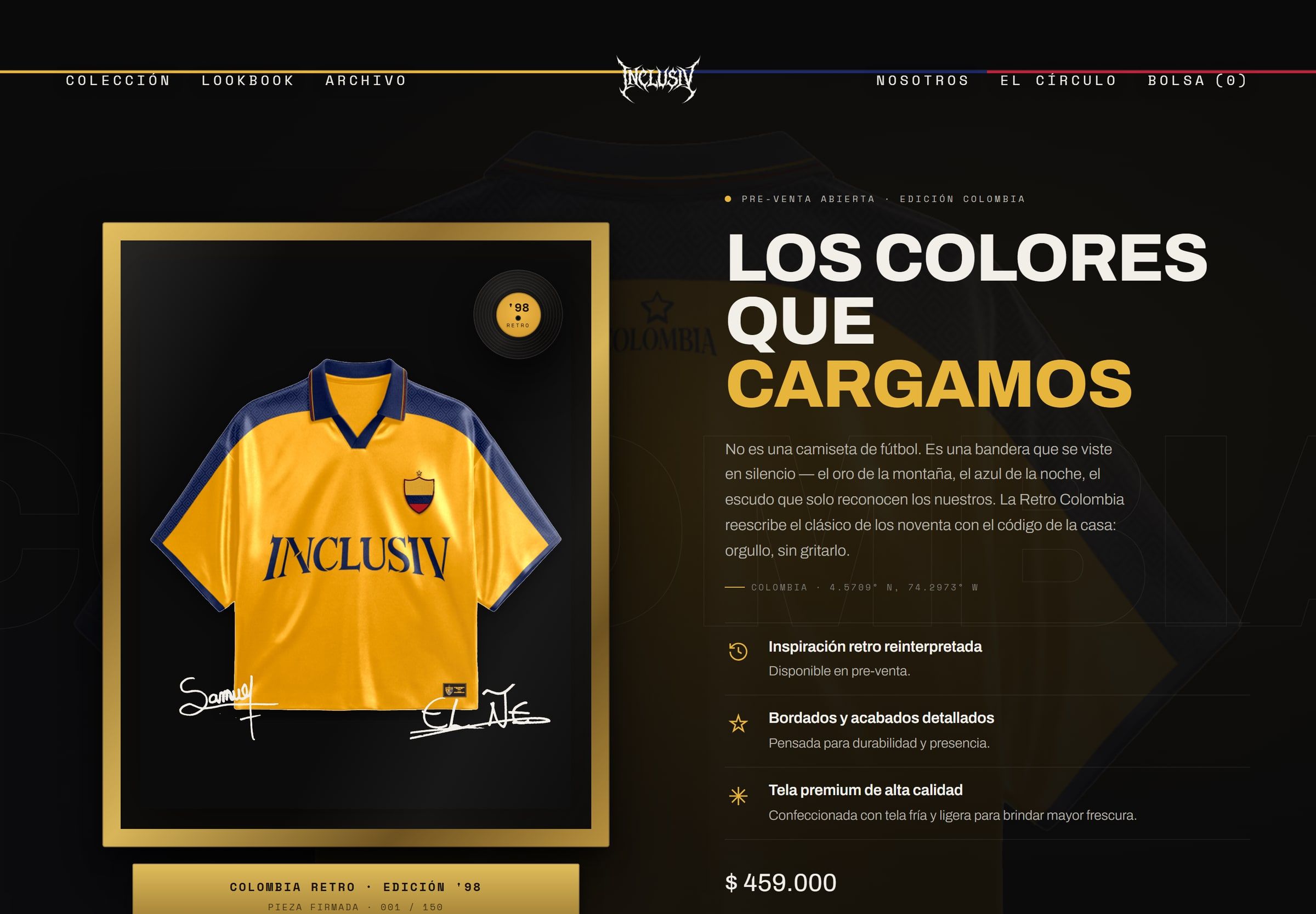 Sección de la camiseta Colombia en la web de INCLUSIV